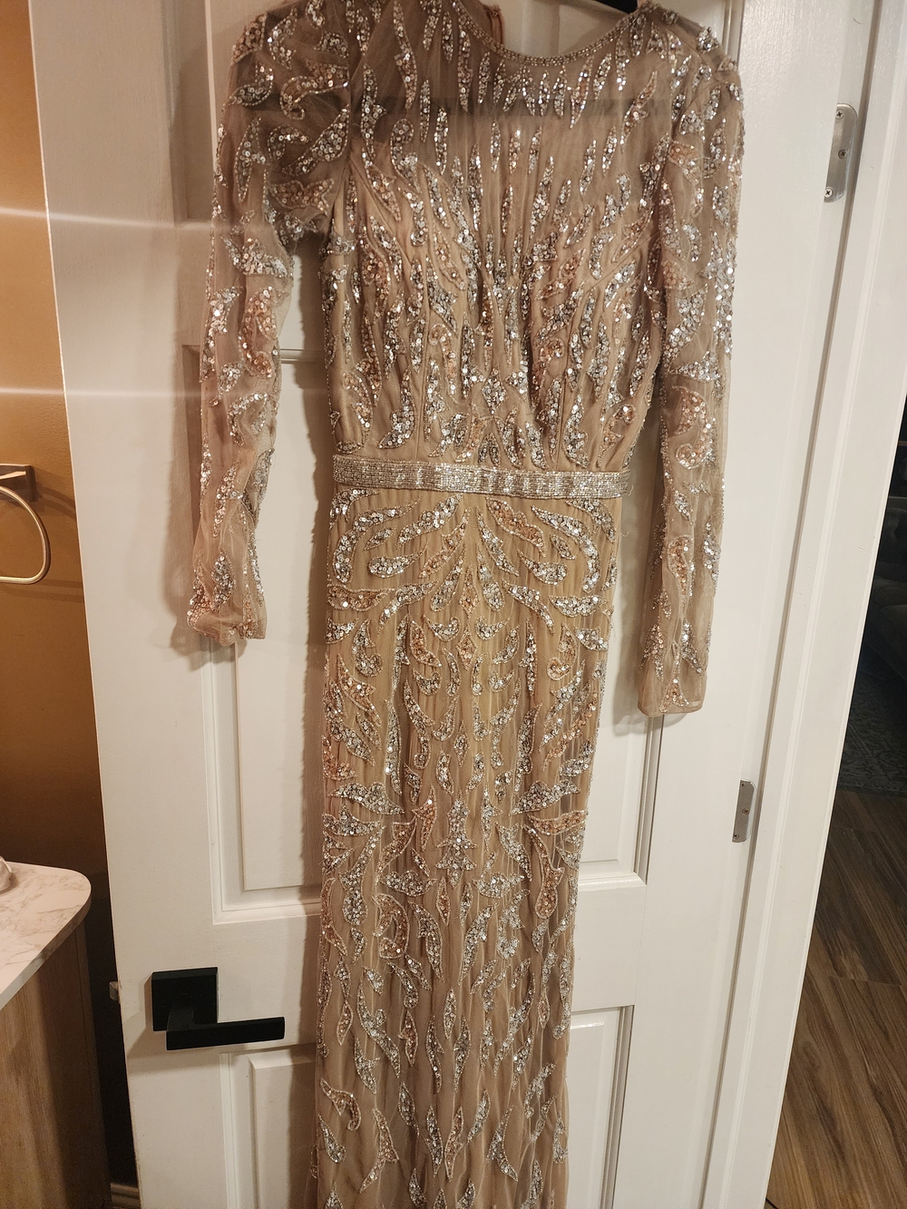 Beaded Long Sleeve Evening Gown in Champagne